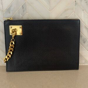 Sophie Hulme Black Leather Large Zip Pouch Clutch with Gold Chain